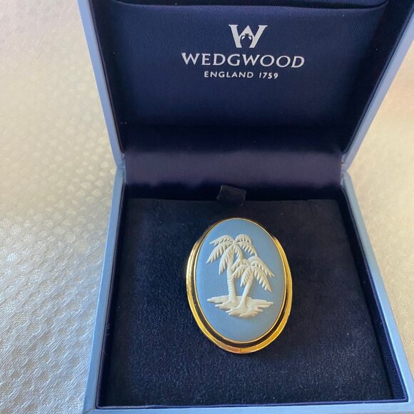 Genuine Wedgwood Blue Oval Hawaii Brooch & Matching Clip Earrings - Picture 1 of 16
